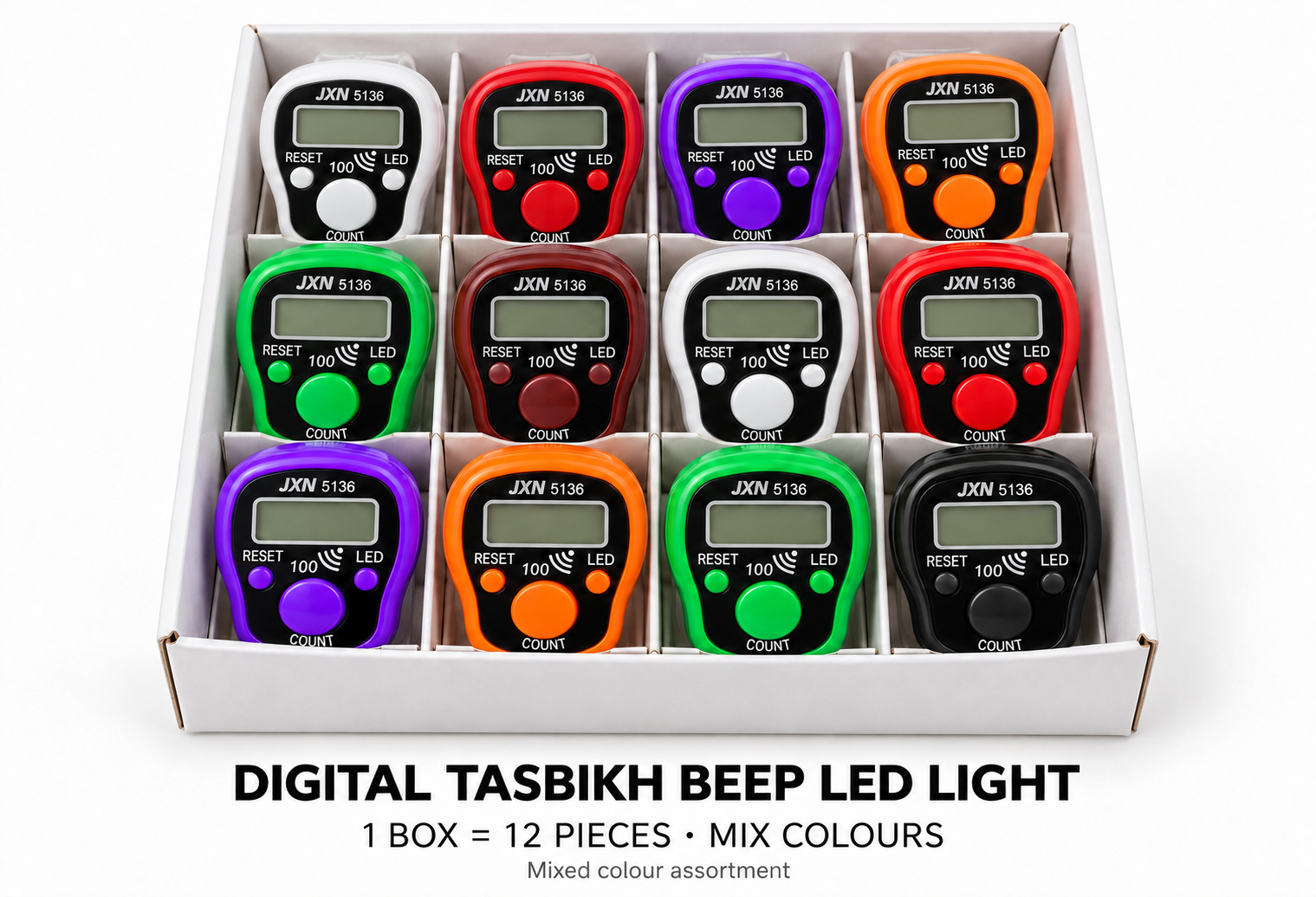 One mixed colour box of 12 digital tasbih counters including black
